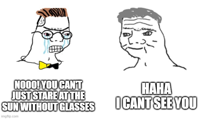 (this is a joked) | NOOO! YOU CAN'T JUST STARE AT THE SUN WITHOUT GLASSES; HAHA
I CANT SEE YOU | image tagged in noooo you can't just,memes,funny,solar eclipse | made w/ Imgflip meme maker