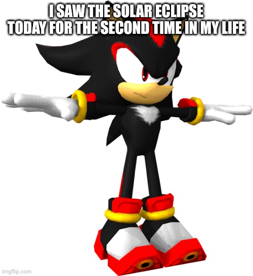 shadow the hedgehog t pose | I SAW THE SOLAR ECLIPSE TODAY FOR THE SECOND TIME IN MY LIFE | image tagged in shadow the hedgehog t pose | made w/ Imgflip meme maker