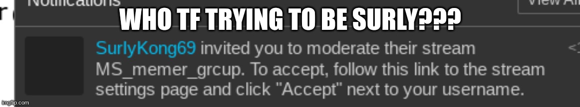 the acc joined today and also I think the acc just got deleted, same with the stream | WHO TF TRYING TO BE SURLY??? | made w/ Imgflip meme maker