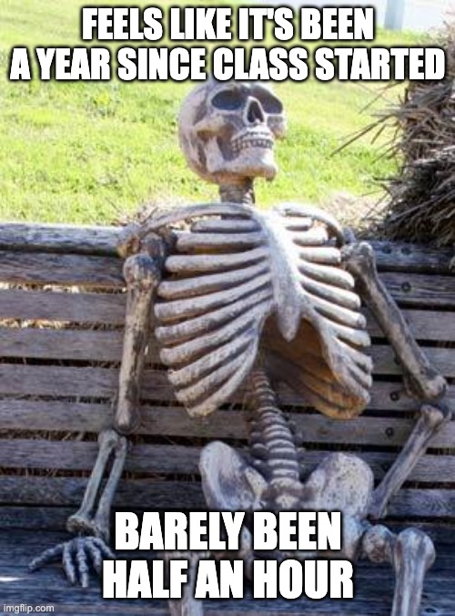 How Class Feels | FEELS LIKE IT'S BEEN A YEAR SINCE CLASS STARTED; BARELY BEEN HALF AN HOUR | image tagged in memes,waiting skeleton | made w/ Imgflip meme maker