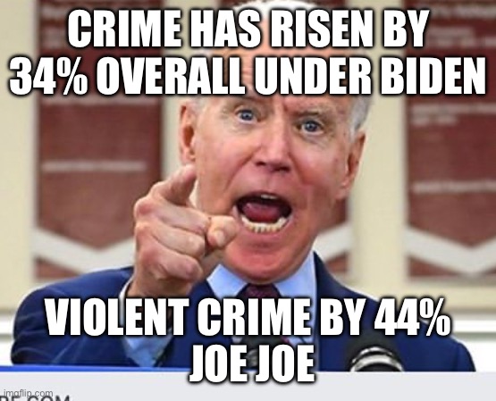 Jo Jo Biden criminal | CRIME HAS RISEN BY 34% OVERALL UNDER BIDEN; VIOLENT CRIME BY 44%
 JOE JOE | image tagged in joe biden no malarkey,funny,memes | made w/ Imgflip meme maker