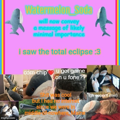 gwa gwa | i saw the total eclipse :3; Shit was cool but I had no internet since we were in middle-of-nowhere, Maine | image tagged in soda's gayass blahaj temp | made w/ Imgflip meme maker