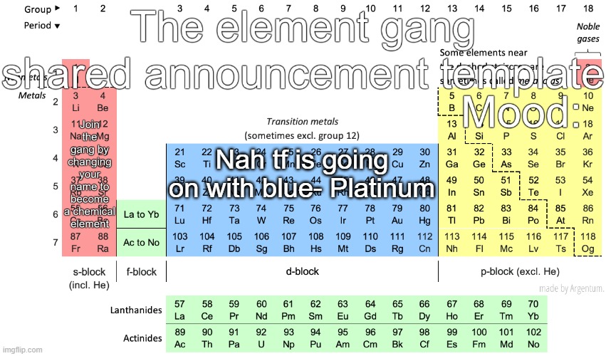 The element gang shared announcement template | Nah tf is going on with blue- Platinum | image tagged in the element gang shared announcement template | made w/ Imgflip meme maker
