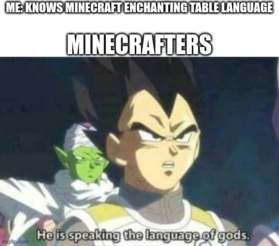 I actually know it, it is called Standard Galactic Alphabet. | ME: KNOWS MINECRAFT ENCHANTING TABLE LANGUAGE; MINECRAFTERS | image tagged in he is speaking the language of gods | made w/ Imgflip meme maker