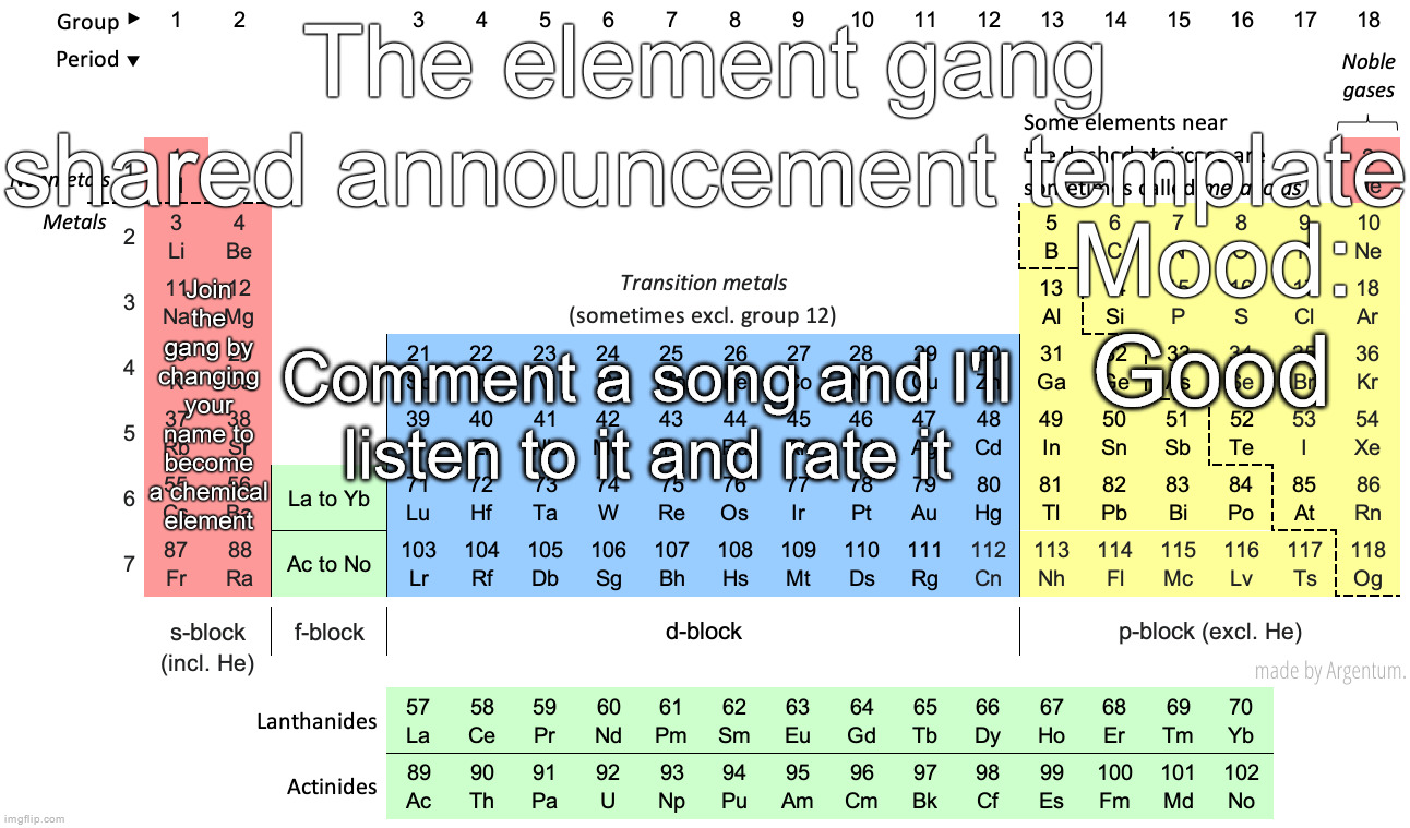 The element gang shared announcement template | Good; Comment a song and I'll listen to it and rate it | image tagged in the element gang shared announcement template | made w/ Imgflip meme maker
