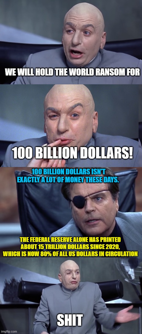 $15,000,000,000,000 | WE WILL HOLD THE WORLD RANSOM FOR; 100 BILLION DOLLARS! 100 BILLION DOLLARS ISN'T EXACTLY A LOT OF MONEY THESE DAYS. THE FEDERAL RESERVE ALONE HAS PRINTED ABOUT 15 TRILLION DOLLARS SINCE 2020, WHICH IS NOW 80% OF ALL US DOLLARS IN CIRCULATION; SHIT | image tagged in dr evil plan,federal reserve | made w/ Imgflip meme maker