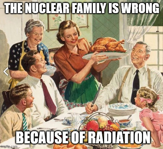 Hopefully everyone gets the joke | THE NUCLEAR FAMILY IS WRONG; BECAUSE OF RADIATION | image tagged in traditional thanksgiving turkey dinner | made w/ Imgflip meme maker