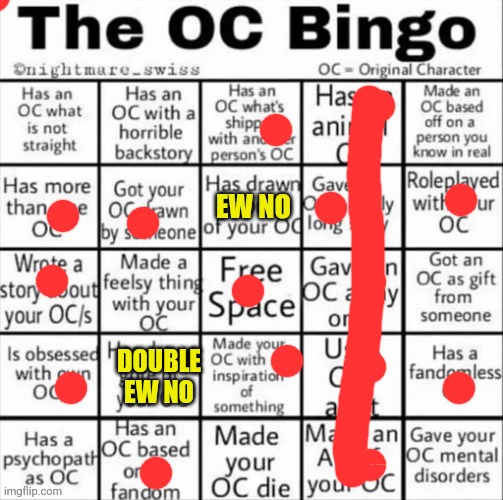 The OC bingo | EW NO; DOUBLE EW NO | image tagged in the oc bingo | made w/ Imgflip meme maker