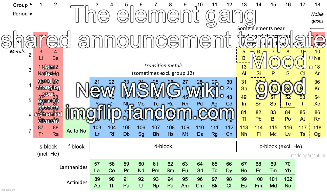 The element gang shared announcement template | good; New MSMG wiki: imgflip.fandom.com | image tagged in the element gang shared announcement template | made w/ Imgflip meme maker