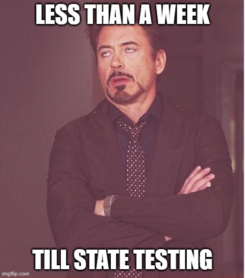 Face You Make Robert Downey Jr Meme | LESS THAN A WEEK; TILL STATE TESTING | image tagged in memes,face you make robert downey jr | made w/ Imgflip meme maker