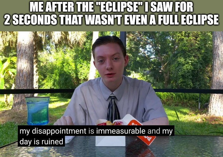 I am very disappointed | ME AFTER THE "ECLIPSE" I SAW FOR 2 SECONDS THAT WASN'T EVEN A FULL ECLIPSE | image tagged in my disappointment is immeasurable | made w/ Imgflip meme maker