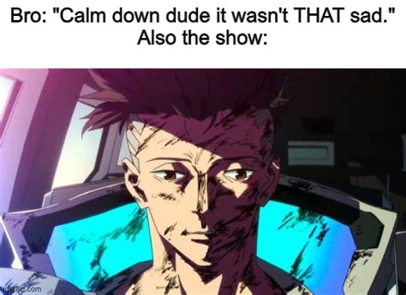 Im sandevestated | Bro: "Calm down dude it wasn't THAT sad."
Also the show: | image tagged in fun,funny,memes,edgerunners,sad,relatable | made w/ Imgflip meme maker