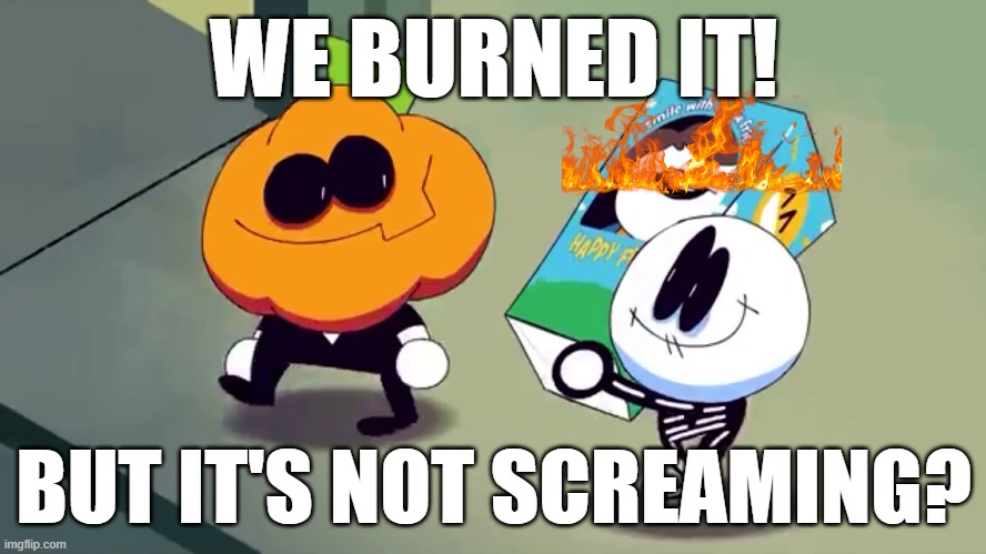 Lets burn it and see if it screams! | WE BURNED IT! BUT IT'S NOT SCREAMING? | image tagged in lets burn it and see if it screams | made w/ Imgflip meme maker