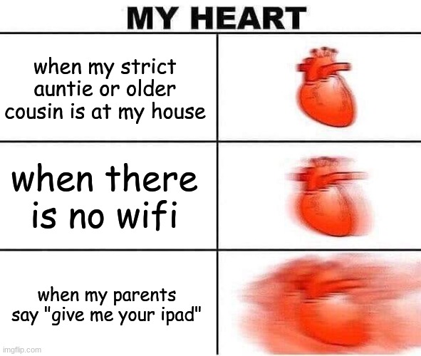 My Heart | when my strict auntie or older cousin is at my house; when there is no wifi; when my parents say "give me your ipad" | image tagged in my heart | made w/ Imgflip meme maker