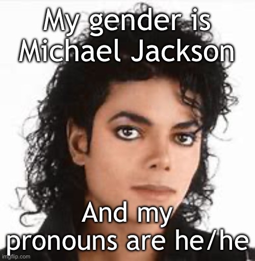 Micheal Jackson | My gender is Michael Jackson; And my pronouns are he/he | image tagged in micheal jackson | made w/ Imgflip meme maker