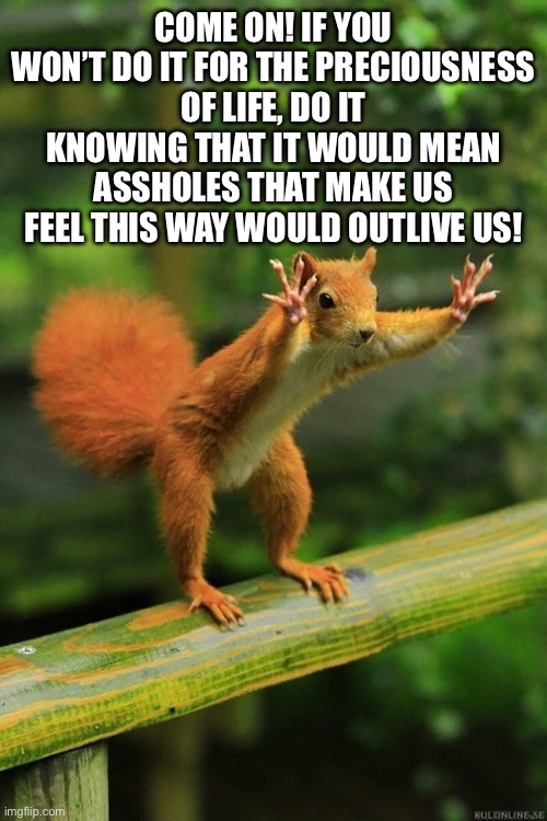 Wait a Minute Squirrel | COME ON! IF YOU WON’T DO IT FOR THE PRECIOUSNESS OF LIFE, DO IT KNOWING THAT IT WOULD MEAN ASSHOLES THAT MAKE US FEEL THIS WAY WOULD OUTLIVE | image tagged in wait a minute squirrel | made w/ Imgflip meme maker