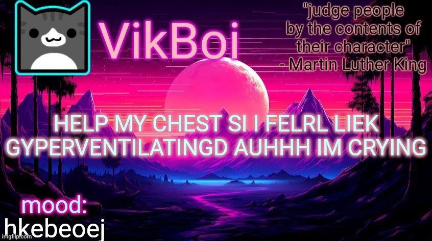 IDK WHATS HAPPENING | HELP MY CHEST SI I FELRL LIEK GYPERVENTILATINGD AUHHH IM CRYING; hkebeoej | image tagged in vikboi vaporwave temp | made w/ Imgflip meme maker