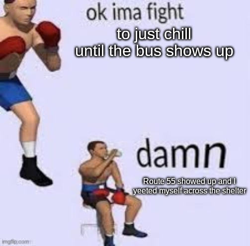 You would never even get it... This litterally happens to me almost every month... | to just chill until the bus shows up; Route 55 showed up and I yeeted myself across the shelter | image tagged in ok imma fight | made w/ Imgflip meme maker