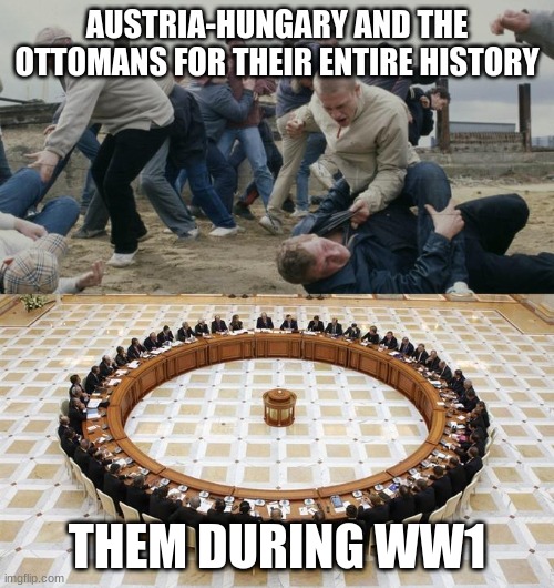 They came together during WW1, and both ended right after | AUSTRIA-HUNGARY AND THE OTTOMANS FOR THEIR ENTIRE HISTORY; THEM DURING WW1 | image tagged in men discussing men fighting,ww1,austria-hungary,ottoman empire | made w/ Imgflip meme maker