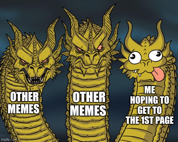 Three-headed Dragon | ME HOPING TO GET TO THE 1ST PAGE; OTHER MEMES; OTHER MEMES | image tagged in three-headed dragon | made w/ Imgflip meme maker