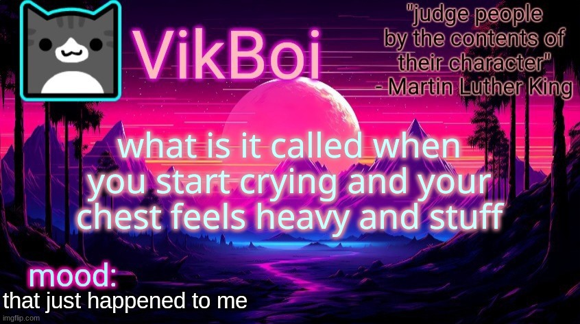 VikBoi vaporwave temp | what is it called when you start crying and your chest feels heavy and stuff; that just happened to me | image tagged in vikboi vaporwave temp | made w/ Imgflip meme maker