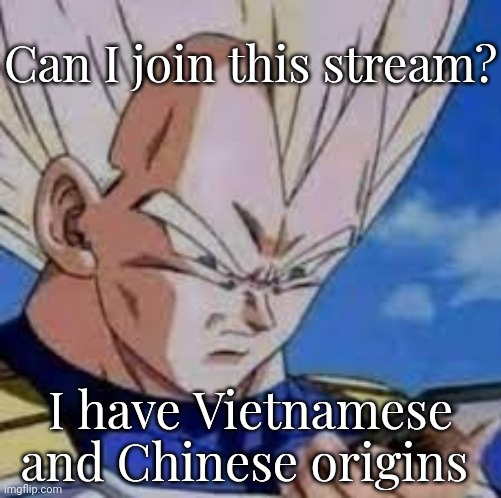 Vegeta looking at phones | Can I join this stream? I have Vietnamese and Chinese origins | image tagged in vegeta looking at phones | made w/ Imgflip meme maker