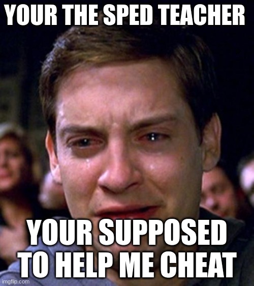 crying peter parker | YOUR THE SPED TEACHER; YOUR SUPPOSED TO HELP ME CHEAT | image tagged in crying peter parker | made w/ Imgflip meme maker