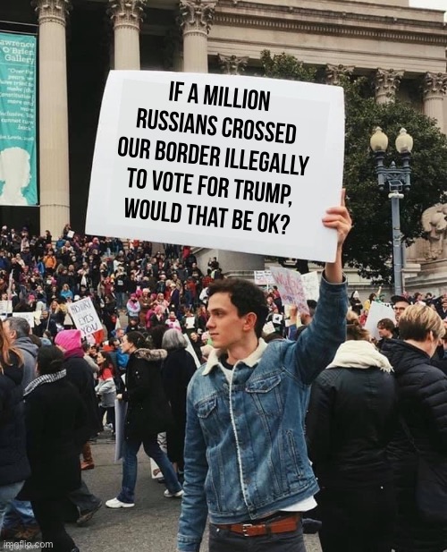 Liberals hate America | If a million Russians crossed our border illegally to vote for Trump,
would that be OK? | image tagged in fuck off,libtards | made w/ Imgflip meme maker