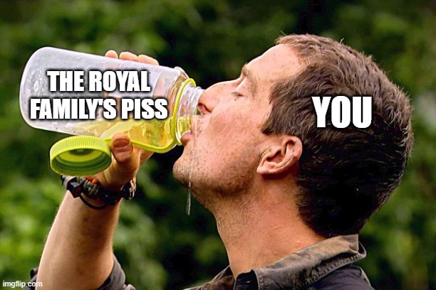 Drinking the Royal Family's Piss | THE ROYAL FAMILY'S PISS; YOU | image tagged in drinking piss,boot licking,cult worship | made w/ Imgflip meme maker