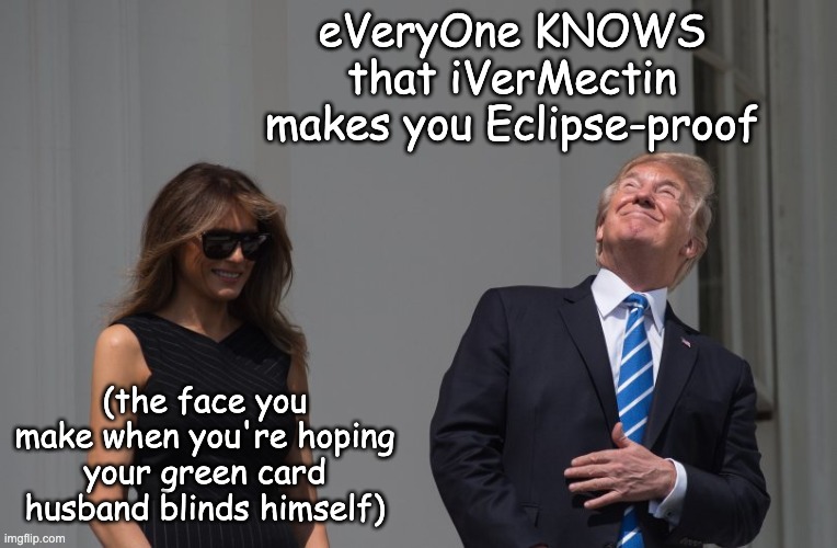 Stupid Trump Staring Eclipse | eVeryOne KNOWS that iVerMectin makes you Eclipse-proof (the face you make when you're hoping your green card husband blinds himself) | image tagged in stupid trump staring eclipse | made w/ Imgflip meme maker