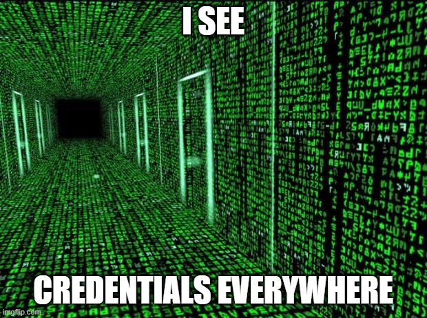 Matrix hallway code | I SEE; CREDENTIALS EVERYWHERE | image tagged in matrix hallway code | made w/ Imgflip meme maker