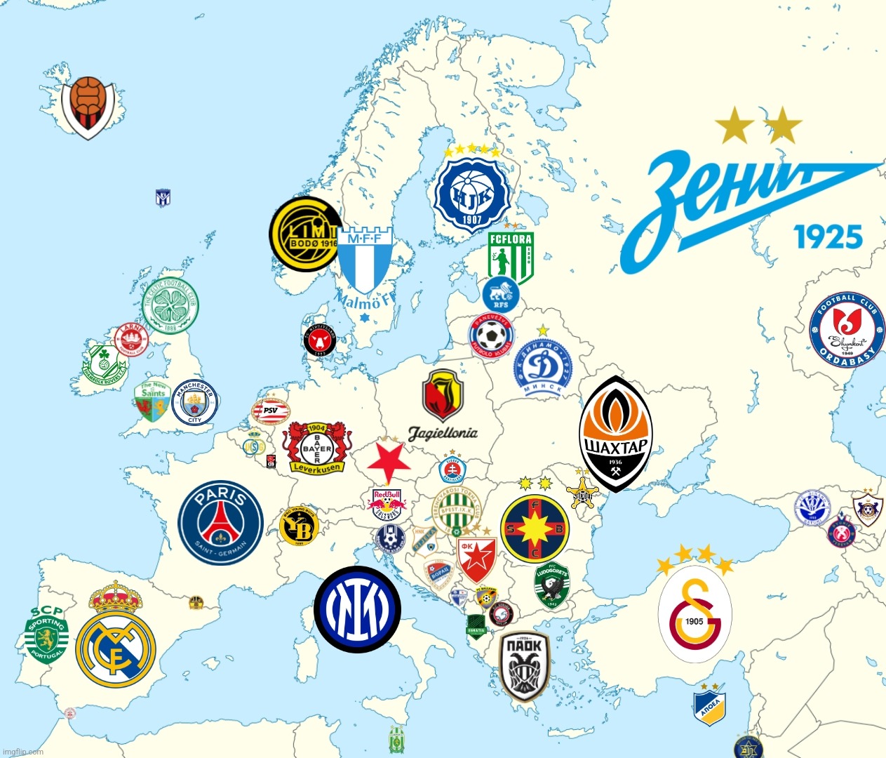 Europe Football Map as Domestic Leagues Champions 2023/24 (my opinion) | image tagged in europe,futbol,real madrid,manchester city,inter,leverkusen | made w/ Imgflip meme maker