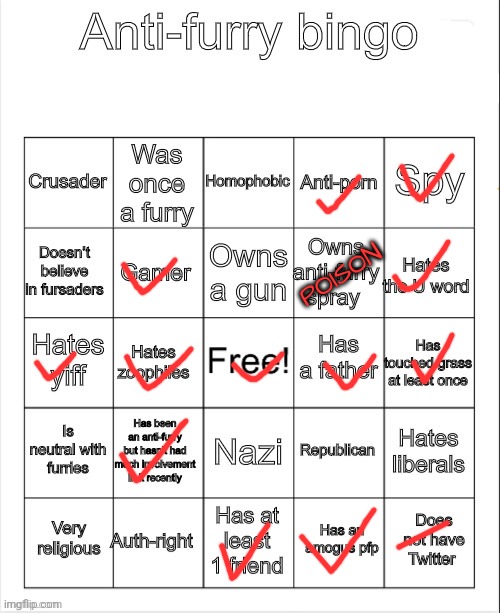 It's interesting how many politically unsupportable things are on this. | POISON | image tagged in anti-furry bingo | made w/ Imgflip meme maker