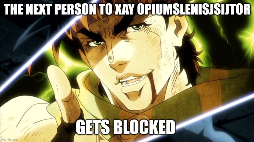 Jojo Meme | THE NEXT PERSON TO XAY OPIUMSLENISJSIJTOR; GETS BLOCKED | image tagged in jojo meme | made w/ Imgflip meme maker