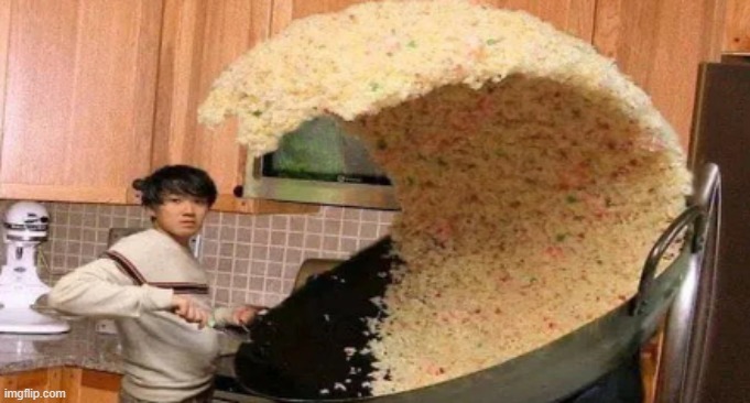A tidal wave of fried rice | image tagged in deep fried hell,asian,guy,with,woke | made w/ Imgflip meme maker