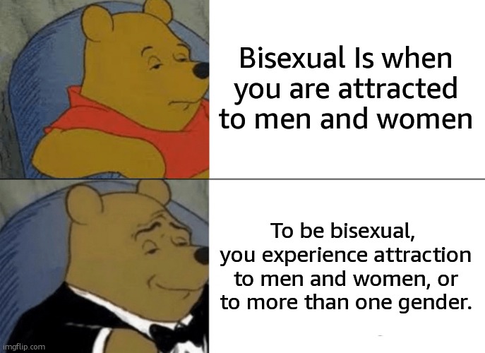 I am glad that the bottom definition is the correct one. | Bisexual Is when you are attracted to men and women; To be bisexual,  you experience attraction to men and women, or to more than one gender. | image tagged in memes,tuxedo winnie the pooh | made w/ Imgflip meme maker