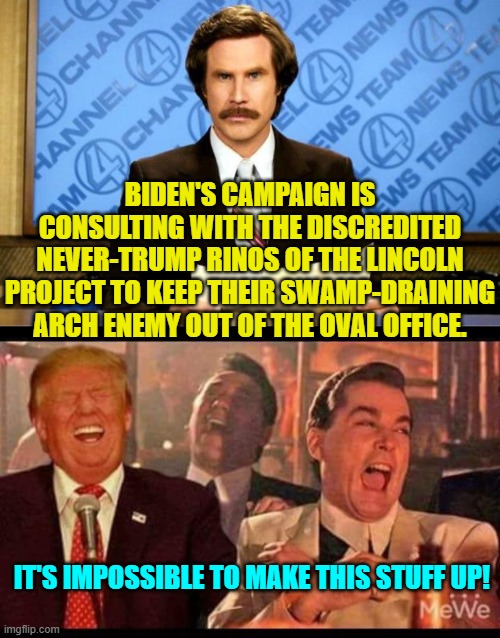 The Left is now essentially meming itself. | BIDEN'S CAMPAIGN IS CONSULTING WITH THE DISCREDITED NEVER-TRUMP RINOS OF THE LINCOLN PROJECT TO KEEP THEIR SWAMP-DRAINING ARCH ENEMY OUT OF THE OVAL OFFICE. IT'S IMPOSSIBLE TO MAKE THIS STUFF UP! | image tagged in breaking news | made w/ Imgflip meme maker