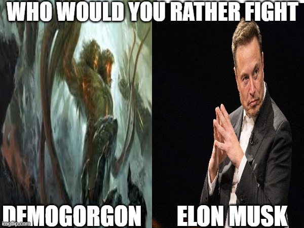 Would you rather 4 | WHO WOULD YOU RATHER FIGHT; DEMOGORGON; ELON MUSK | image tagged in elon musk,dnd | made w/ Imgflip meme maker