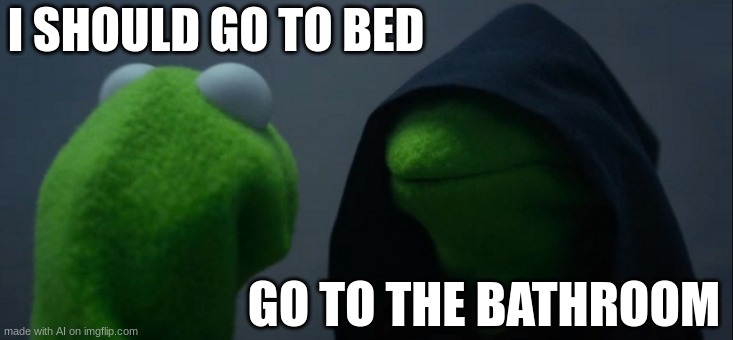 Evil Kermit | I SHOULD GO TO BED; GO TO THE BATHROOM | image tagged in memes,evil kermit | made w/ Imgflip meme maker