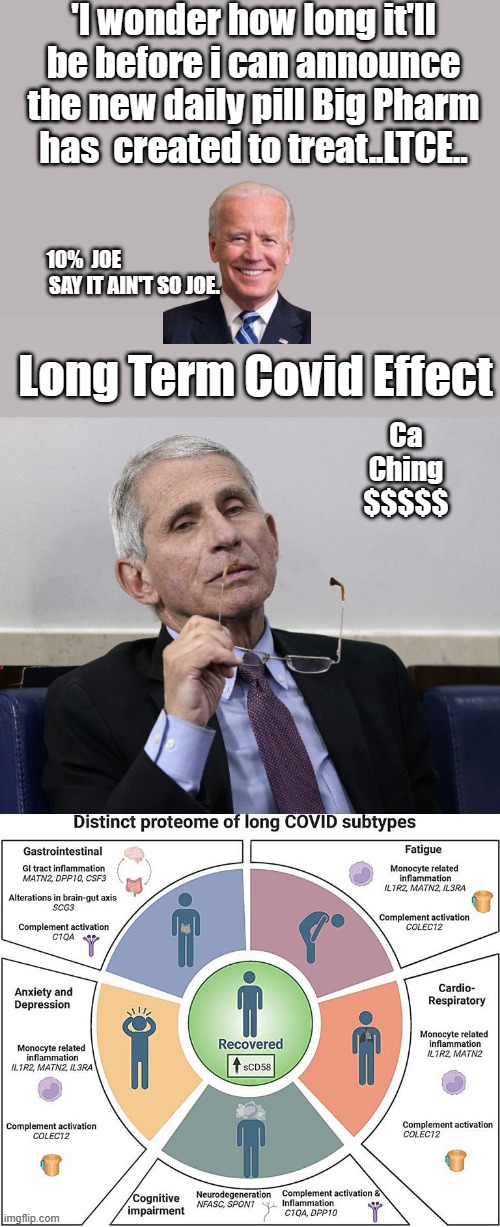 Disease based economy, Whats good for BIG PHARM is good for america. | 'I wonder how long it'll be before i can announce the new daily pill Big Pharm has  created to treat..LTCE.. 10%  JOE                                         SAY IT AIN'T SO JOE. Long Term Covid Effect; Ca Ching $$$$$ | image tagged in dr fauci,liar | made w/ Imgflip meme maker