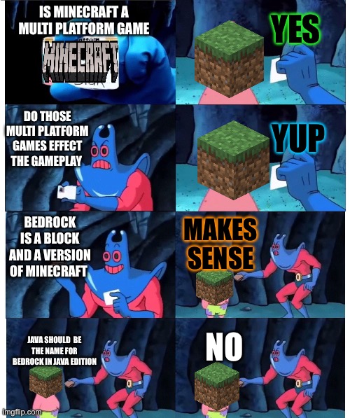Makes sense | YES; IS MINECRAFT A MULTI PLATFORM GAME; DO THOSE MULTI PLATFORM GAMES EFFECT THE GAMEPLAY; YUP; BEDROCK IS A BLOCK AND A VERSION OF MINECRAFT; MAKES SENSE; NO; JAVA SHOULD  BE THE NAME FOR BEDROCK IN JAVA EDITION | image tagged in patrick not my wallet,minecraft,java | made w/ Imgflip meme maker
