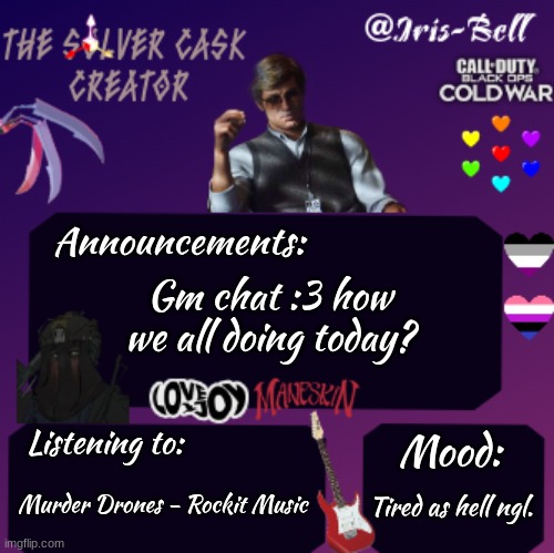 ee | Announcements:; Gm chat :3 how we all doing today? Listening to:; Mood:; Murder Drones - Rockit Music; Tired as hell ngl. | image tagged in iris temp | made w/ Imgflip meme maker