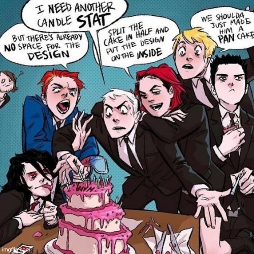 I love how Poison is wearing a suit and then shorts that's so them | image tagged in happy birthday gerard way | made w/ Imgflip meme maker