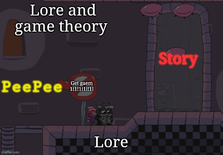 Piss towel website | Story; Lore and game theory; PeePee; Get gaem 1!1!1!1!!1! Lore | image tagged in pissino annoucement temp | made w/ Imgflip meme maker