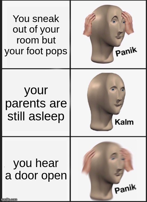 true | You sneak out of your room but your foot pops; your parents are still asleep; you hear a door open | image tagged in memes,panik kalm panik | made w/ Imgflip meme maker