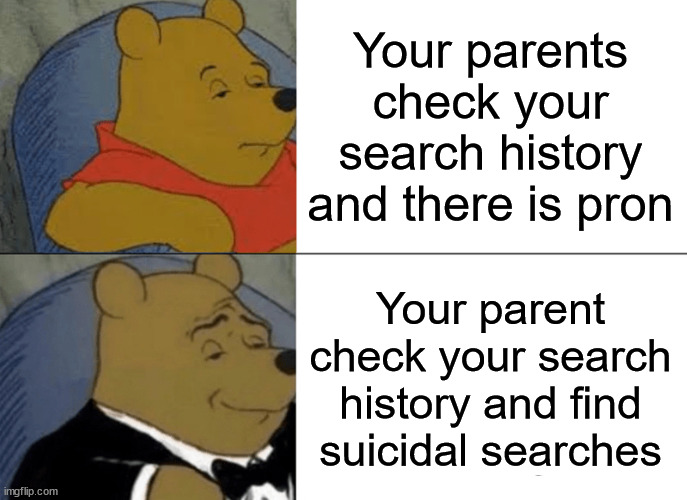 /hj | Your parents check your search history and there is pron; Your parent check your search history and find suicidal searches | image tagged in memes,tuxedo winnie the pooh | made w/ Imgflip meme maker