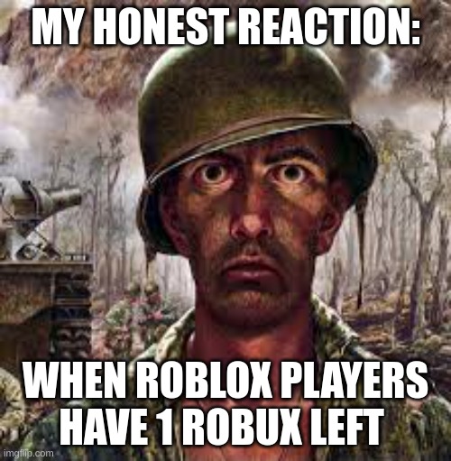 true | MY HONEST REACTION:; WHEN ROBLOX PLAYERS HAVE 1 ROBUX LEFT | image tagged in funny,memes,roblox,thousand yard stare | made w/ Imgflip meme maker