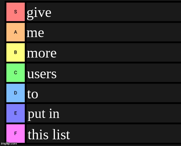 Tier list fixed textboxes | give; me; more; users; to; put in; this list | image tagged in tier list fixed textboxes | made w/ Imgflip meme maker