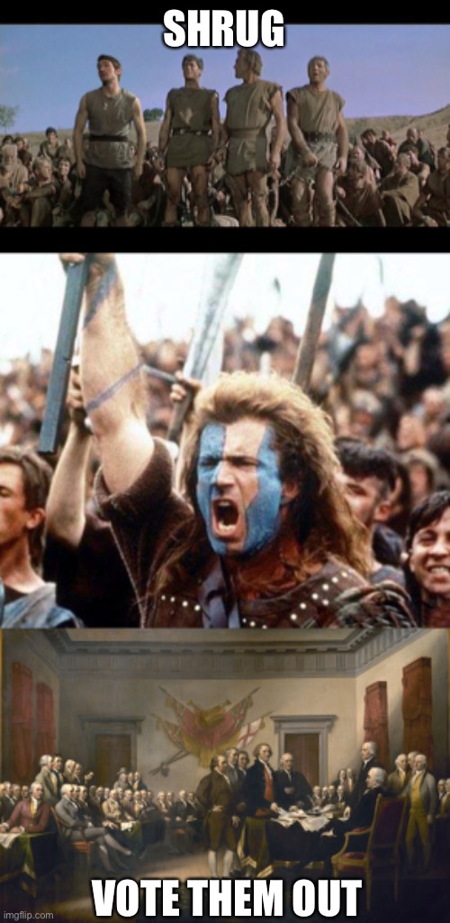 SHRUG VOTE THEM OUT | image tagged in i am spartacus,braveheart freedom,declaration of independence | made w/ Imgflip meme maker