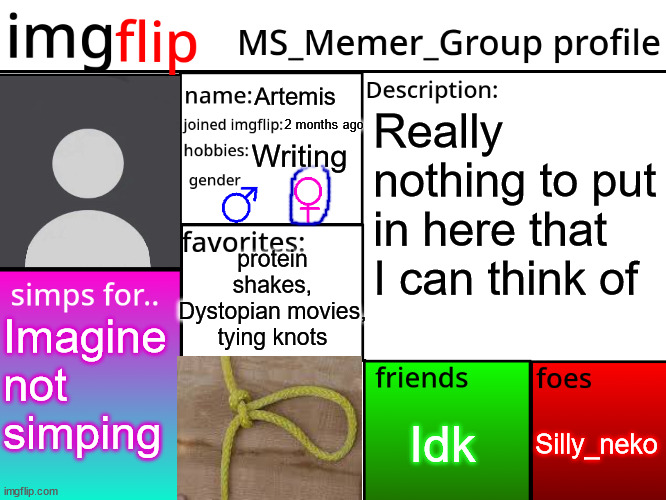 MSMG Profile | Artemis; 2 months ago; Really nothing to put in here that I can think of; Writing; protein shakes, Dystopian movies, tying knots; Imagine not simping; Silly_neko; Idk | image tagged in msmg profile | made w/ Imgflip meme maker